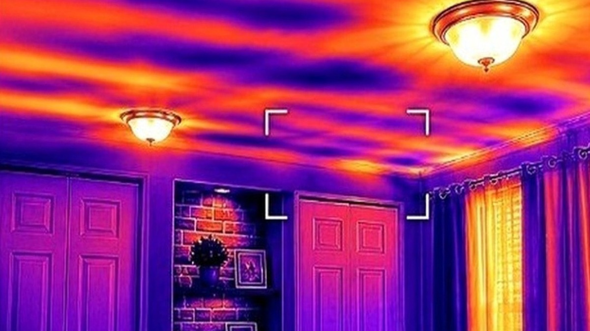 Thermal image showing cooler temperature patterns near ceilings and walls
